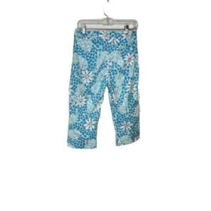 LILLY PULITZER Floral Leopard Teal & White Cropped Lounge Pants Womens 6